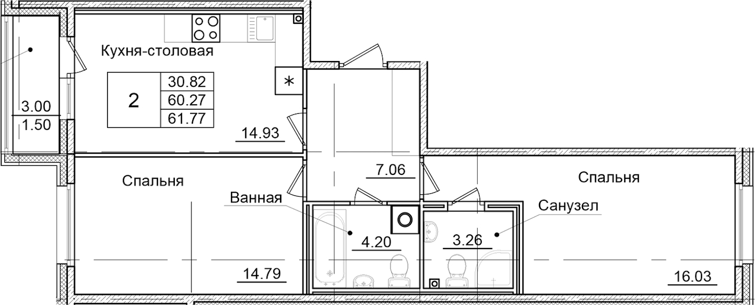 2-комнатная квартира 61.77 м², 1/9 эт., ЖК «Квартал Заречье»
